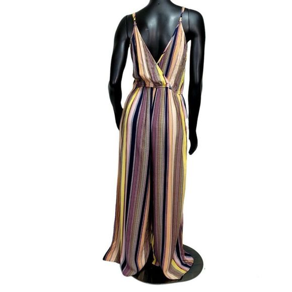 Band of Gypsies Women's Size L Wide Leg Surplice Neck Stripe Multicolor Jumpsuit - Picture 6 of 7